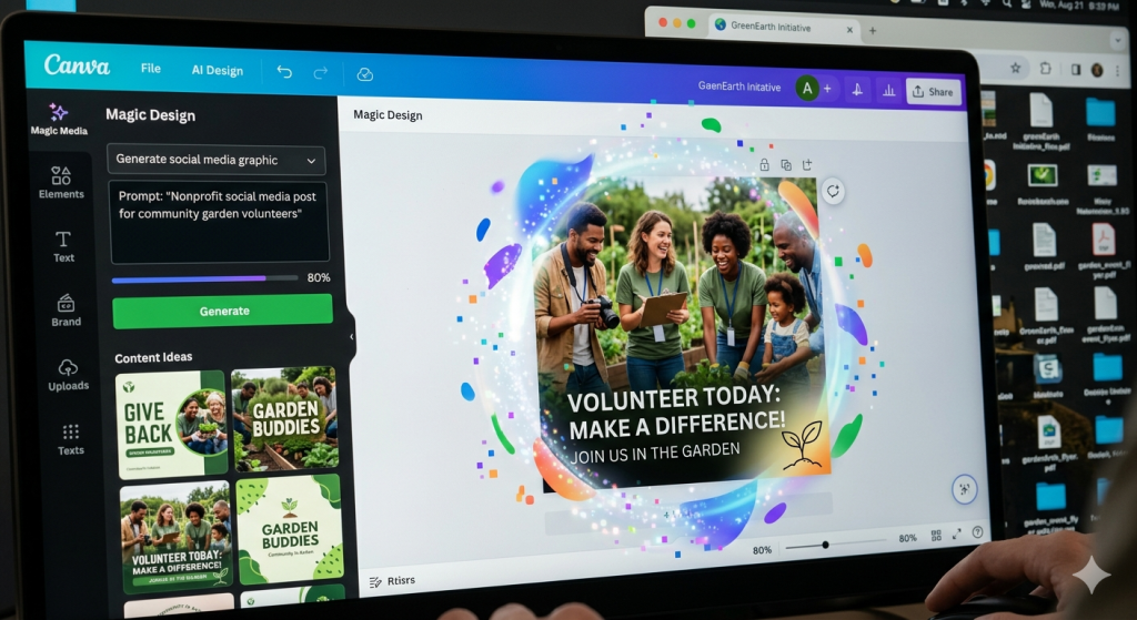 canva ai interface showing a nonprofit social media graphic being generated