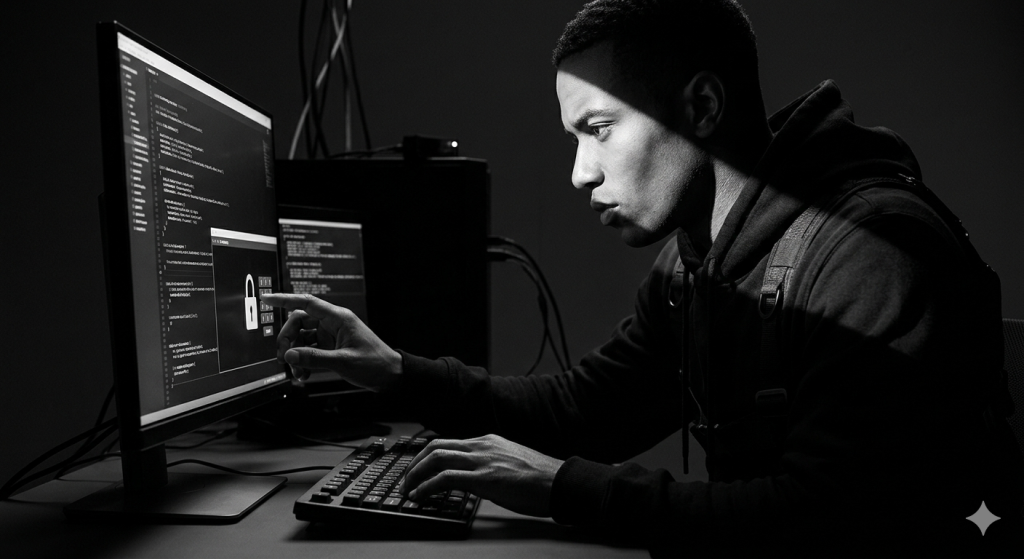 A hacker looking at a computer screen for a cybersecurity threat- AI Hacking in 2026