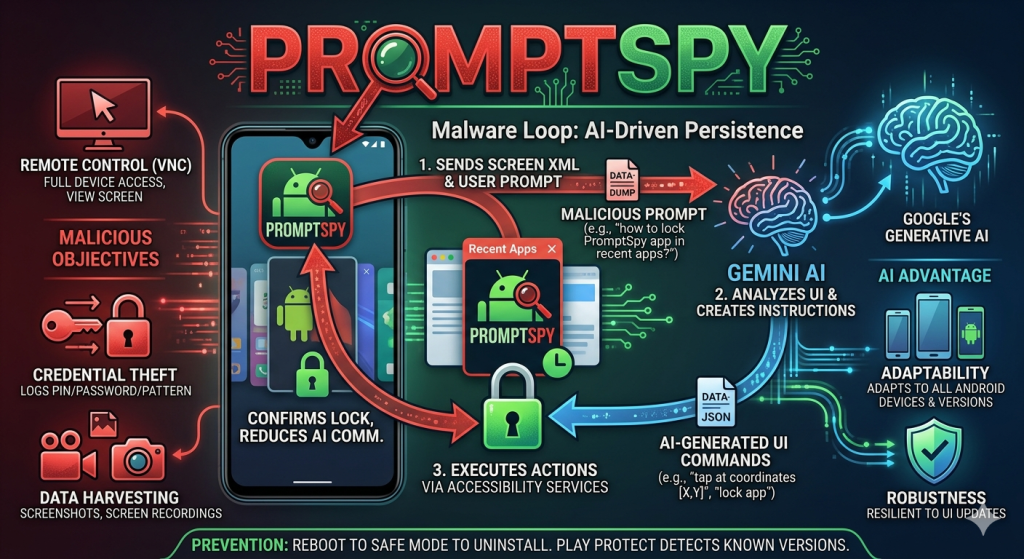 This is a image of how the PromptSpy malware works and affect Android devices- AI Hacking in 2026