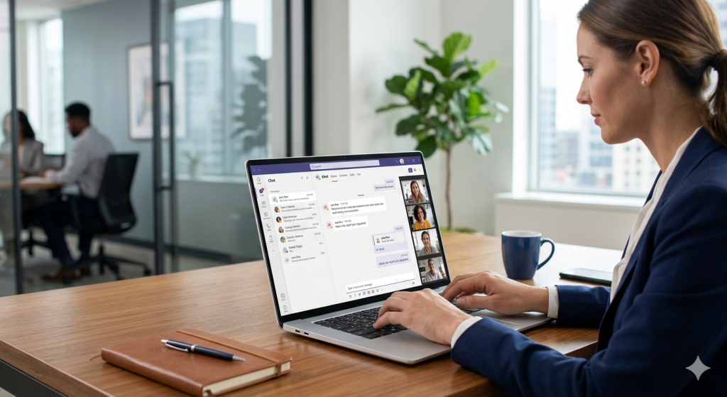 A user on a laptop using microsoft Teams